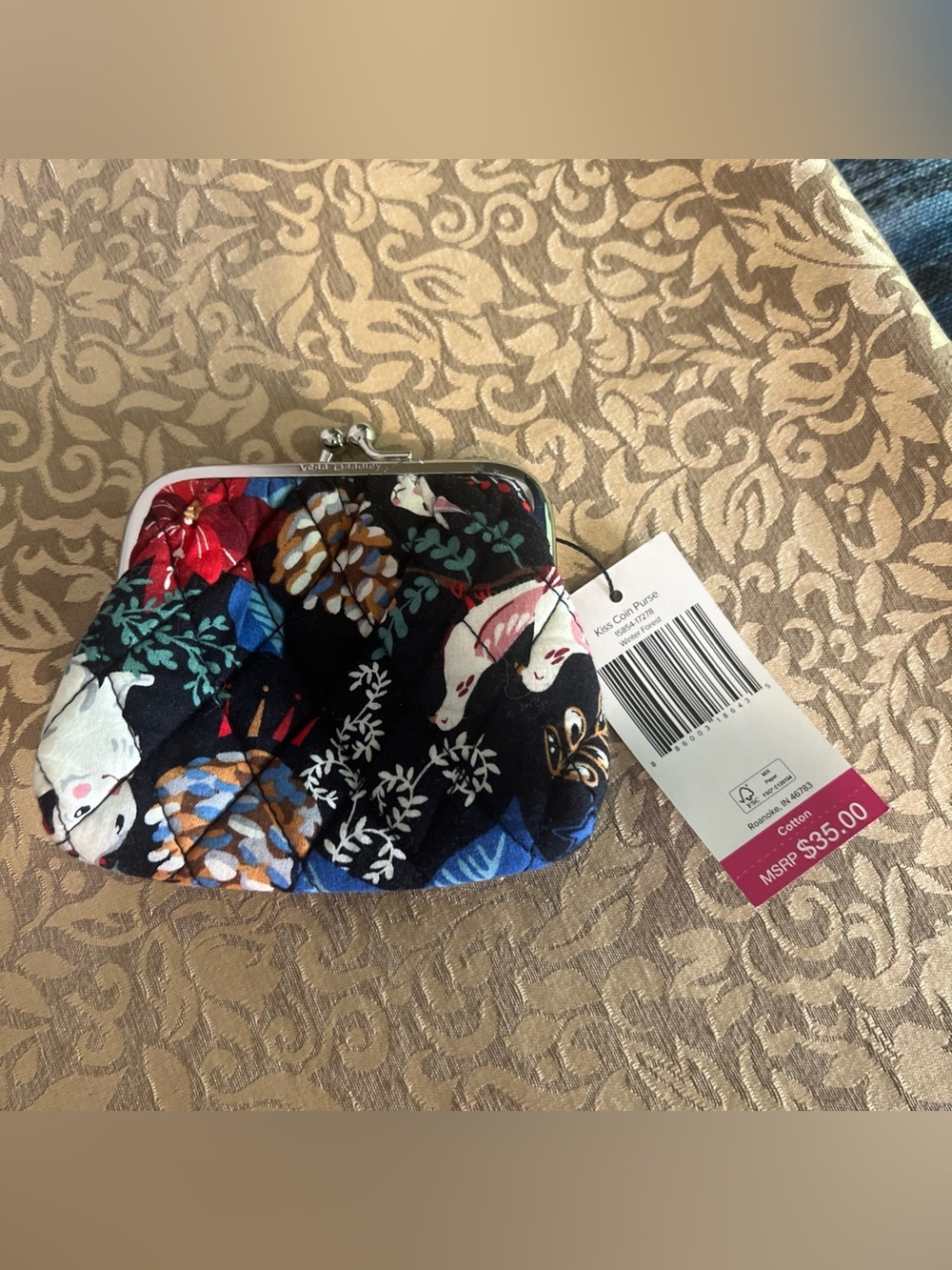 Vera Bradley NWT Kiss Coin  Purse Winter Forest Pattern Animals Poinsettia
